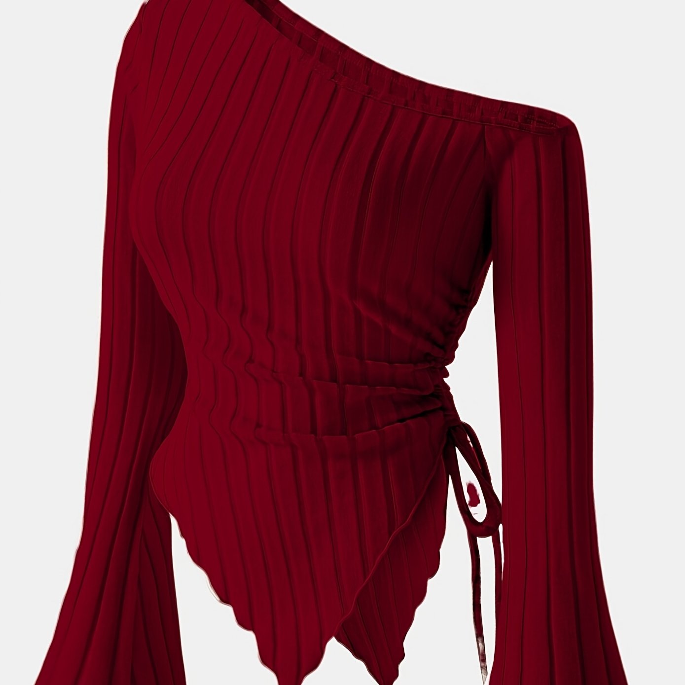 Camiseta de mujer con hombro descubierto, dobladillo asimétrico y mangas acampanadas de punto de poliéster de estiramiento medio