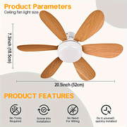 Wood Grain Ceiling Fan with LED Light Remote Control for Bedrooms Kitchens Living Rooms