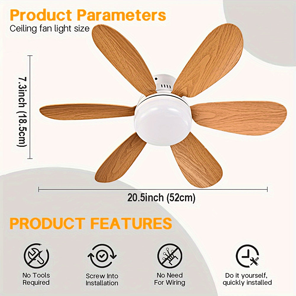 Wood Grain Ceiling Fan with LED Light Remote Control for Bedrooms Kitchens Living Rooms