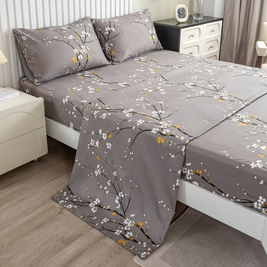 Floral Branch Microfiber Fitted Sheet Set with Deep Pockets and Pillowcases