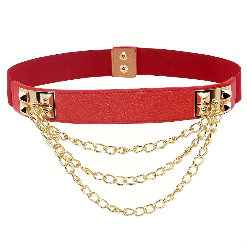Elastic Waistband Belt with Punk Chain Fringe for Women's Dresses Solid Color Body Jewelry