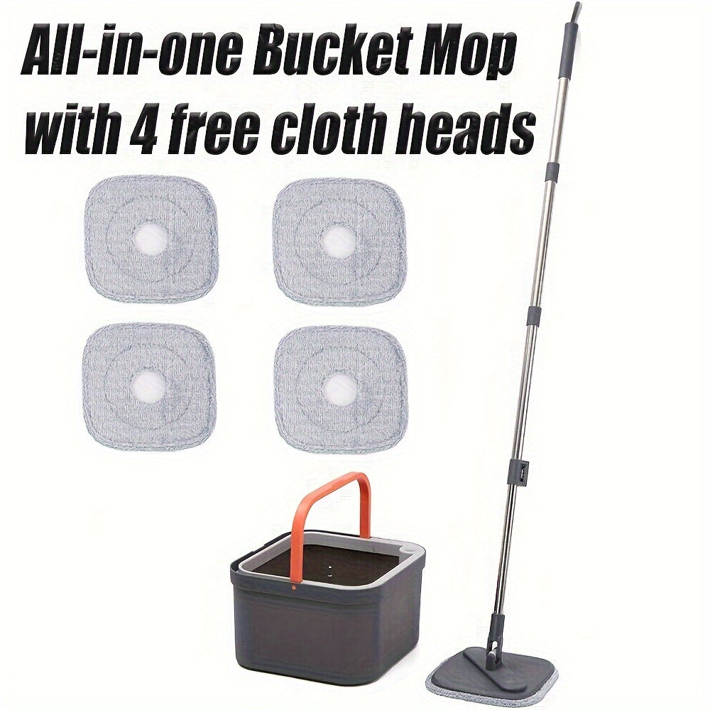 Stainless Steel Flat Mop and Bucket Set with 4 Microfiber Pads for Multi-Surface Cleaning