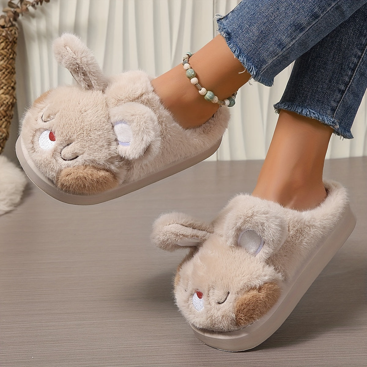 Women's Cozy Cartoon Bunny Slippers Indoor Warm Slip-On Shoes