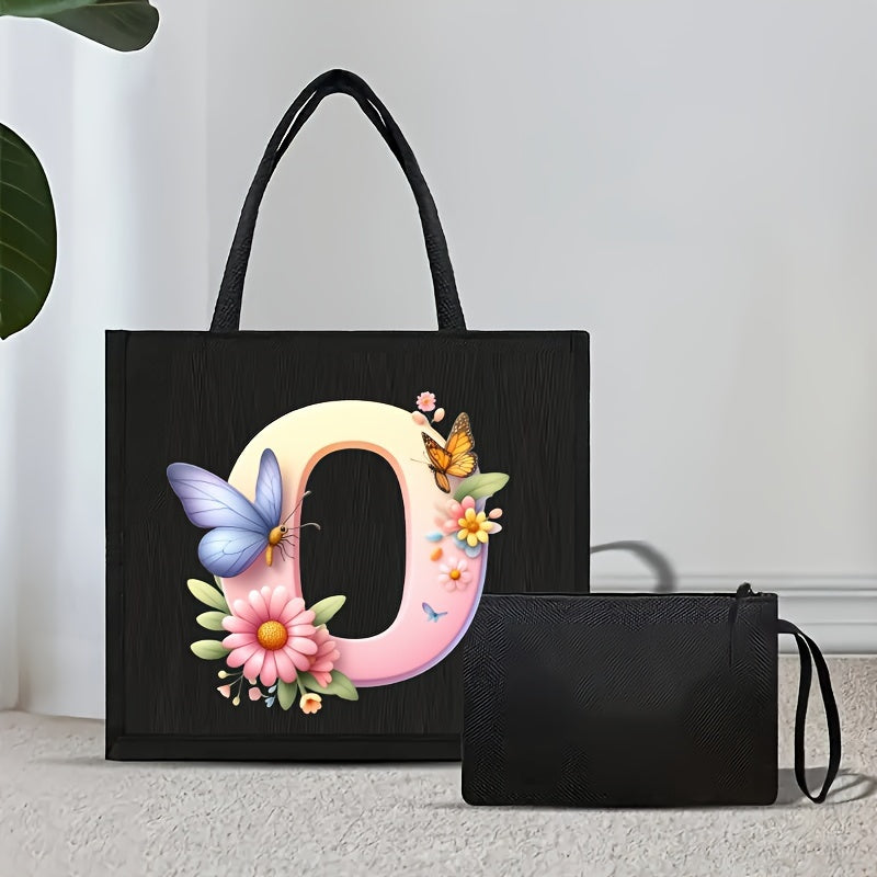 Set of 2 Floral Letter Print Canvas Tote Bags Large Handbag with Clutch Pouch