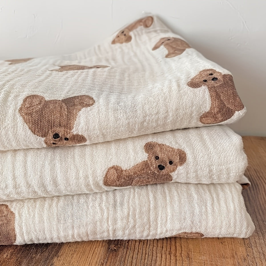 Baby Baby Blanket and Bath Towel in Cute Bear Print Double Layer Cotton Yarn