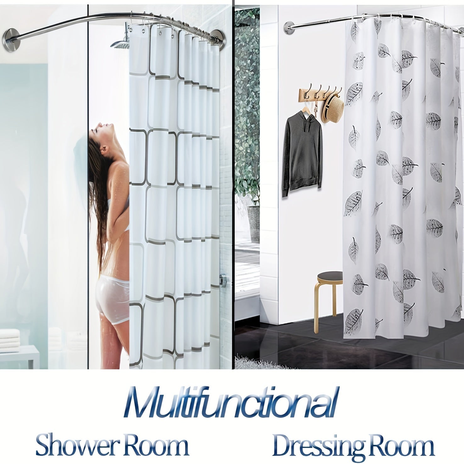 Oson o'rnatish uchun burg'ulashsiz moslashuvchan L-shaklidagi zanglamas po'latdan yasalgan dush pardasi tutqichi. Hammomlar, kiyim do'konlari va shaxsiy joylarda foydalanish uchun sozlanadigan o'lcham. O'rnatish uchun 5 ta vintni o'z ichiga oladi.