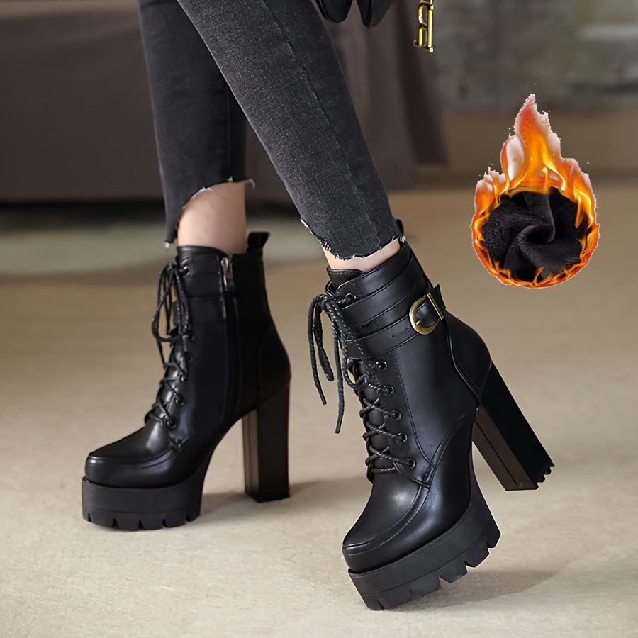 Women's Ankle Boots Thick Sole Side Zipper High Heels Anti-Slip Autumn Winter