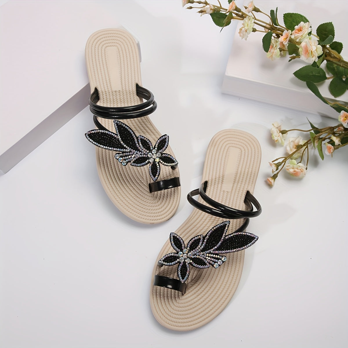 Women's Rose Golden Slip-On Open-Toe Sandals with Sparkling Leaf Jewelry