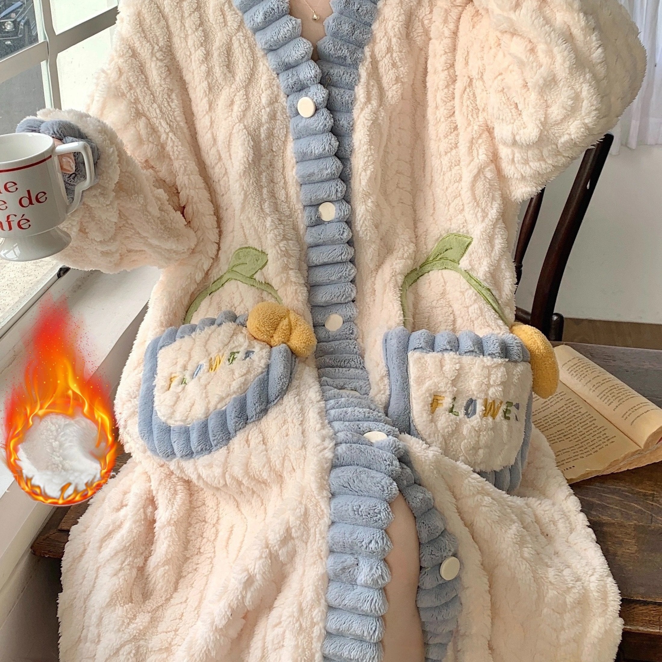 Women's Fleece-Lined V-Neck Sleep Robe with Pockets and Floral Pattern