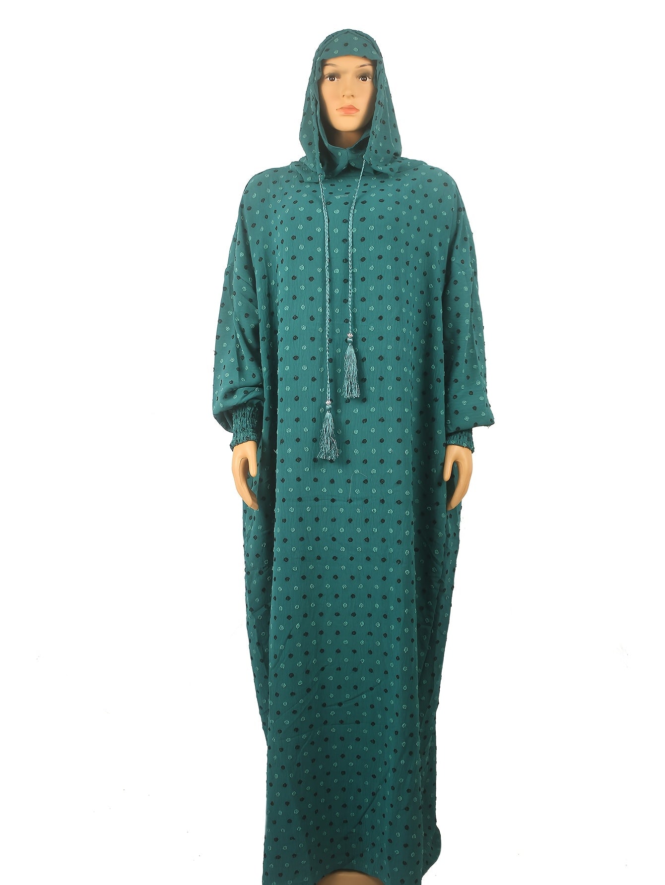 Plus Size Teal White Polka Dot Abaya Kaftan Dress Muslim Ramadan Clothing