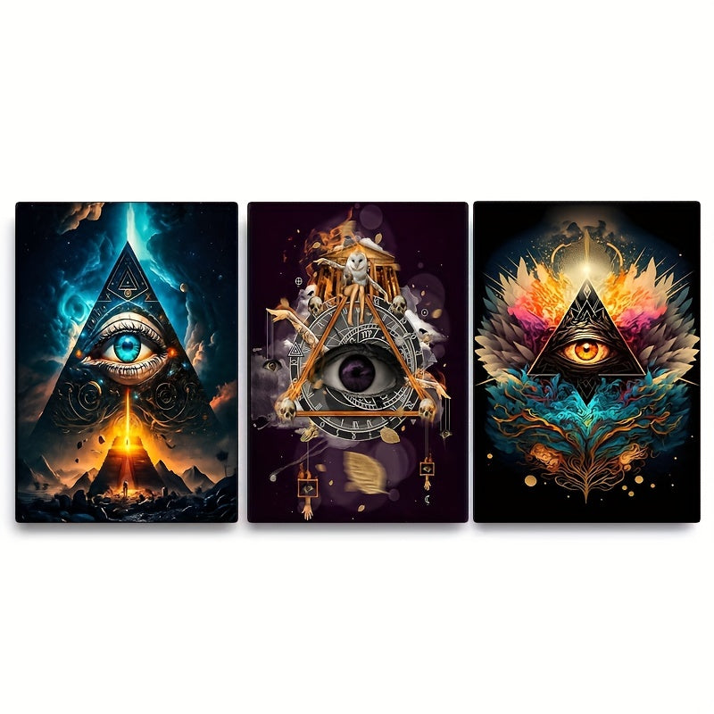 Set of 3 Masonic All Seeing Eye Canvas Wall Art Prints 30x40cm Frameless Mystical Triangle and Eye Decor