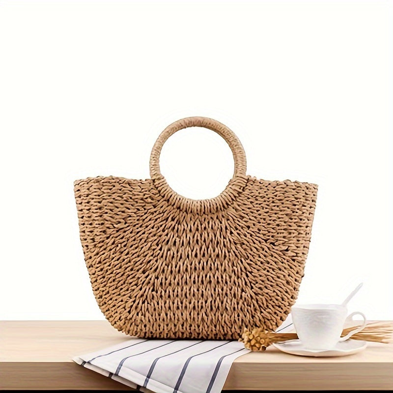 Women's Straw Crescent Bag Vintage Woven Shoulder Bag Beige Khaki