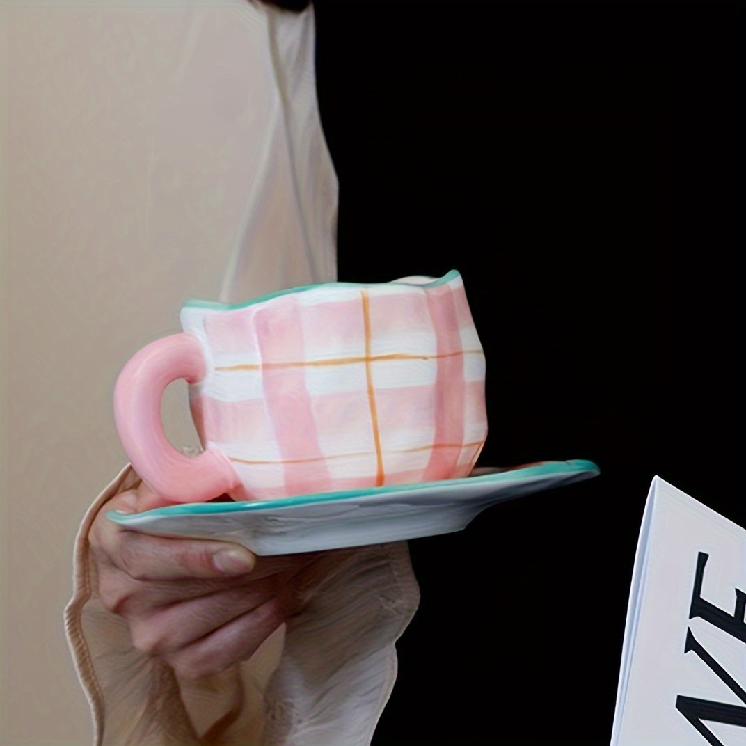 Handcrafted Ceramic Coffee Mug and Saucer Set with Whimsical Patterns Reusable and Recyclable