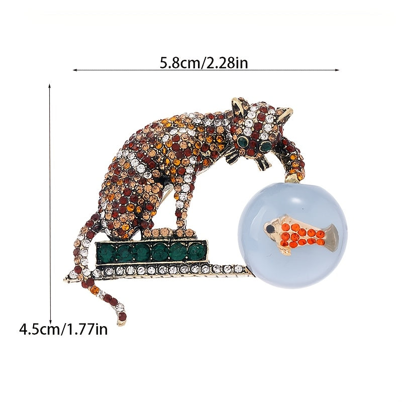 Elegant Chinese-Style Rhinestone Cat Brooch Pin with Fish Design for Women