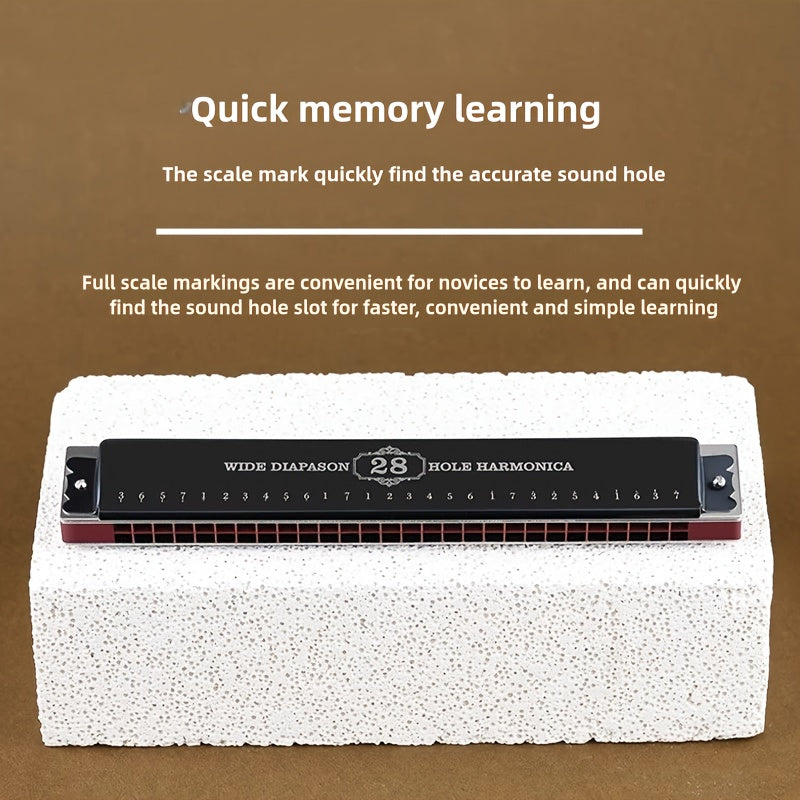 Professional 28-Hole Blues Harmonica Metal Brass Core Polished Blue Black Finish with Case