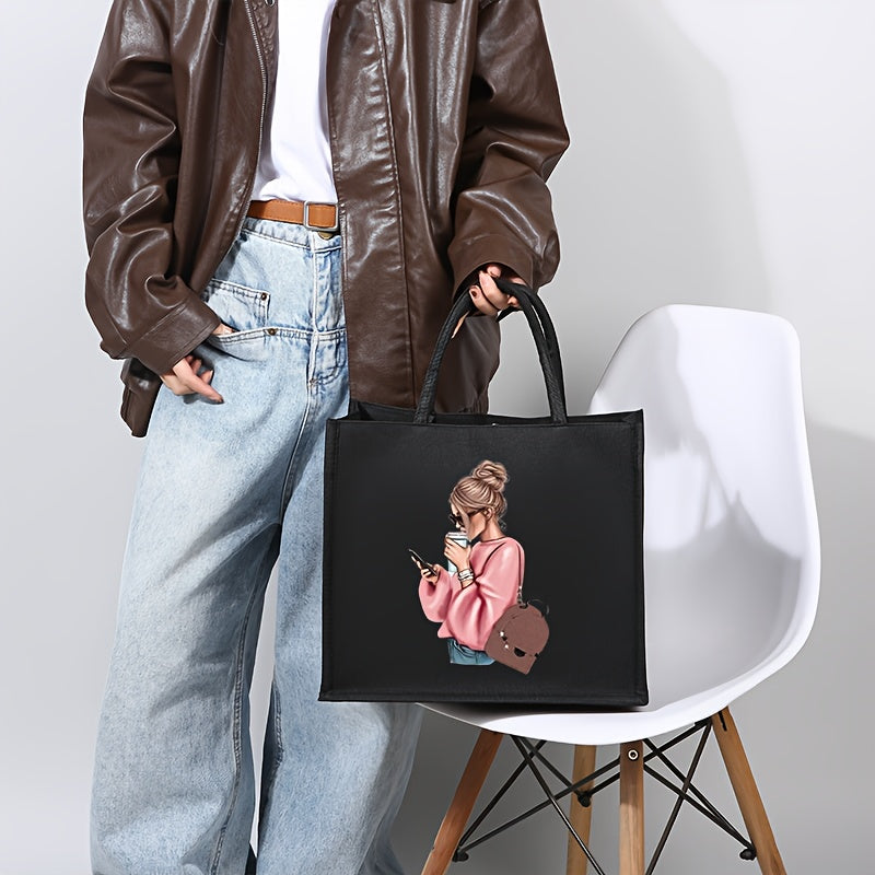 Women's Black Faux Leather Tote Bag Set with Coin Purse and Girl Print