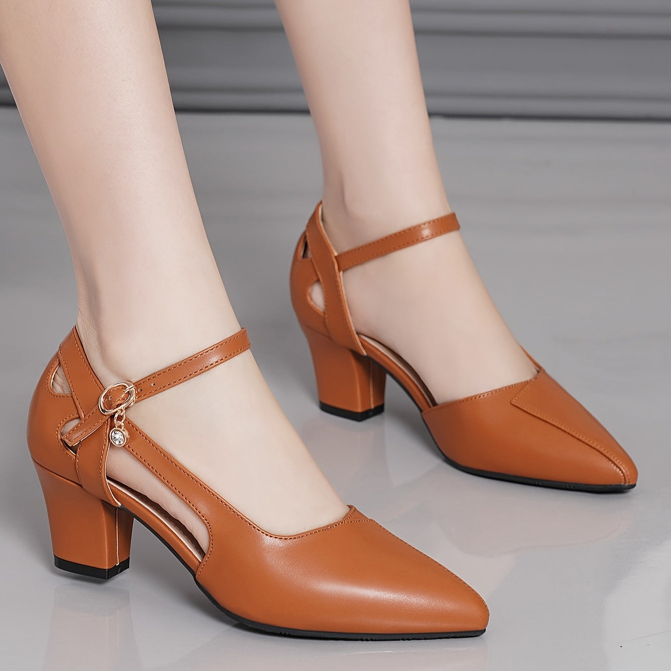 Women's High Heel Pumps with Buckle Strap Pointed Toe Black Floral Embossed