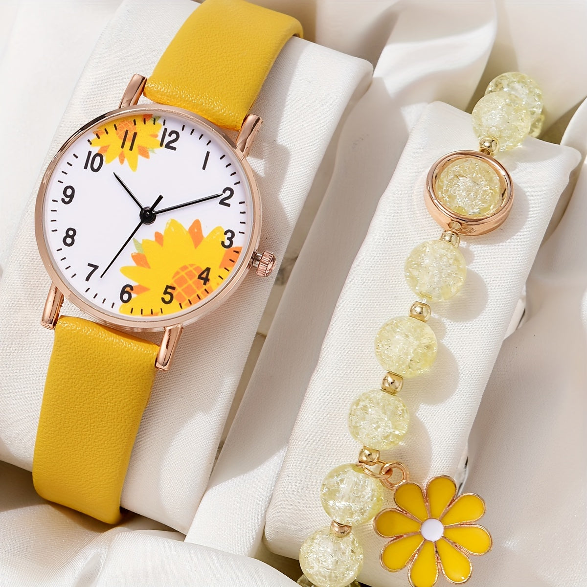 Set of 2 Women's Daisy Flower Design Watches with Leather Straps and Matching Bracelets