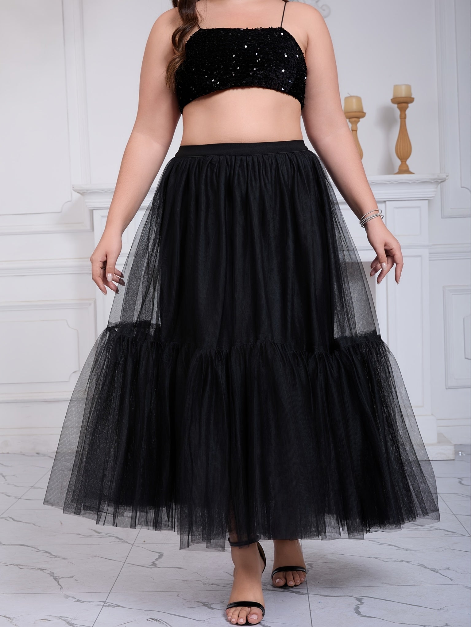 Women's Black Mesh Maxi Skirt Tiered High-Waisted Casual Elegant