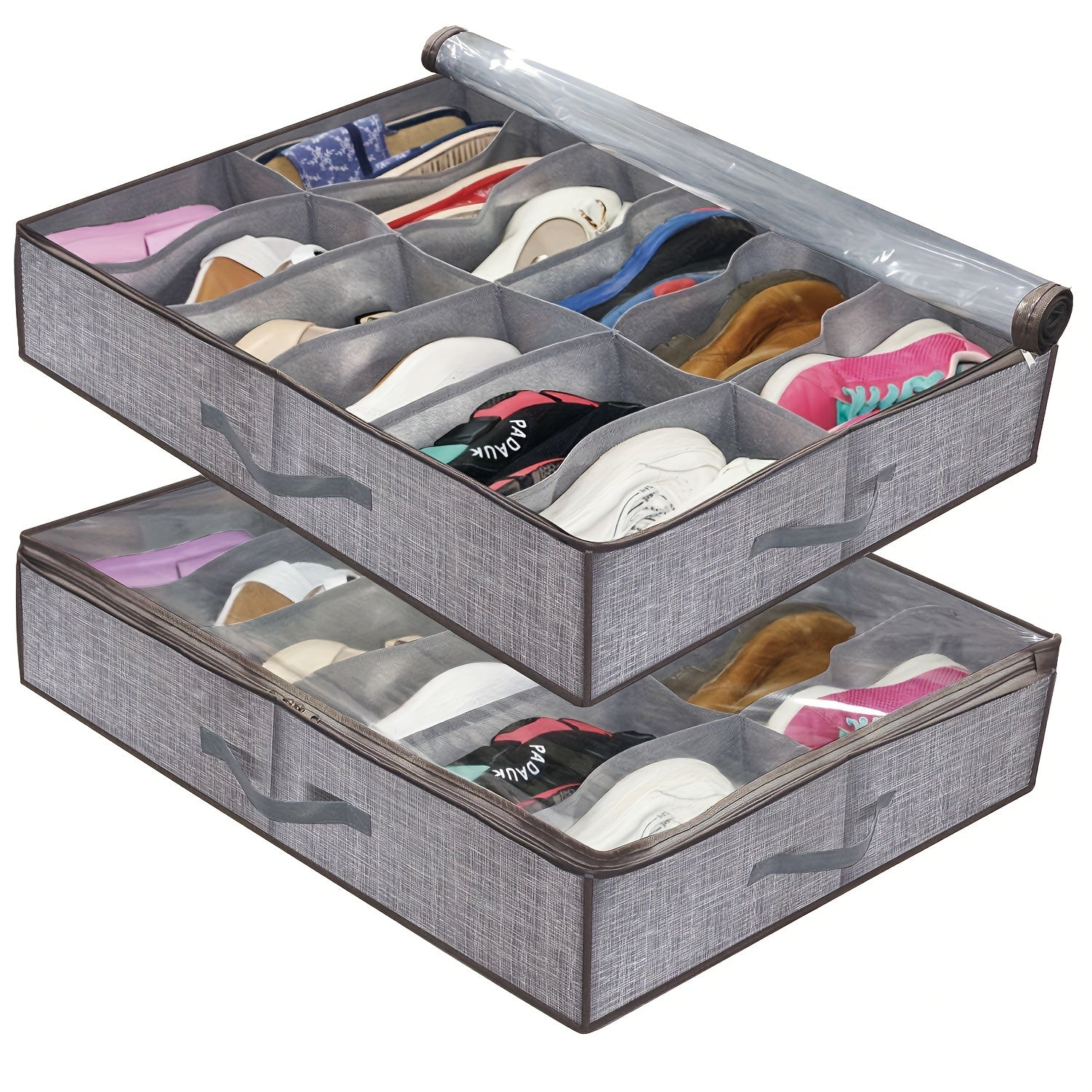 Yengil, minimalist geometrik naqshga ega yotoq ostidagi poyabzal saqlash qutisi; egiluvchan va changdan himoyalangan, tartibga solish uchun panjaralar bilan.