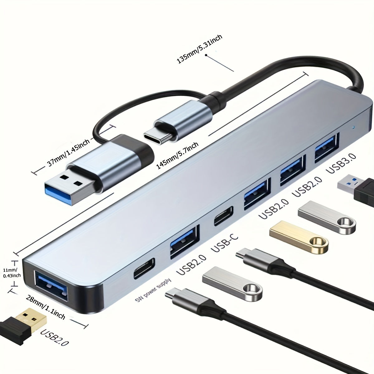 High-Speed 7-in-1 USB 3.0 Hub with Type-C and USB-A Connectors for Tablets