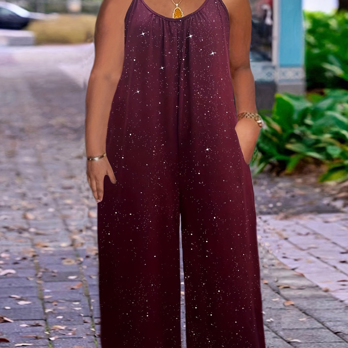 Mono de una pieza de mujer de talla grande con lentejuelas y pantalón ancho casual sin mangas