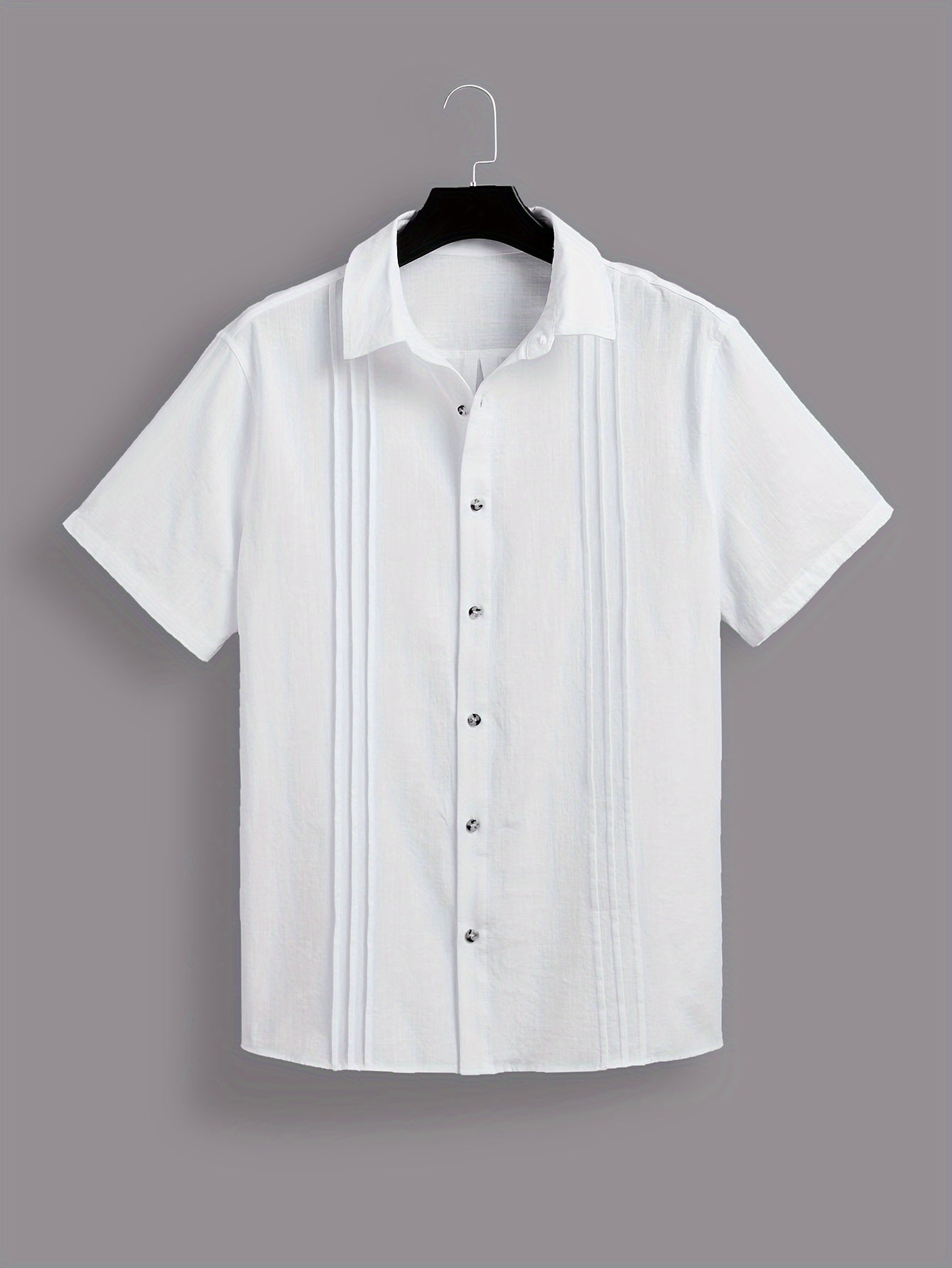 Paxta erkaklar uchun tasodifiy ko'ylak, yuqori bo'yin, oddiy kesim, bir xil rang, to'qilgan mato, tugma yopilishi, qirralangan tafsilotlar, katta o'lcham.