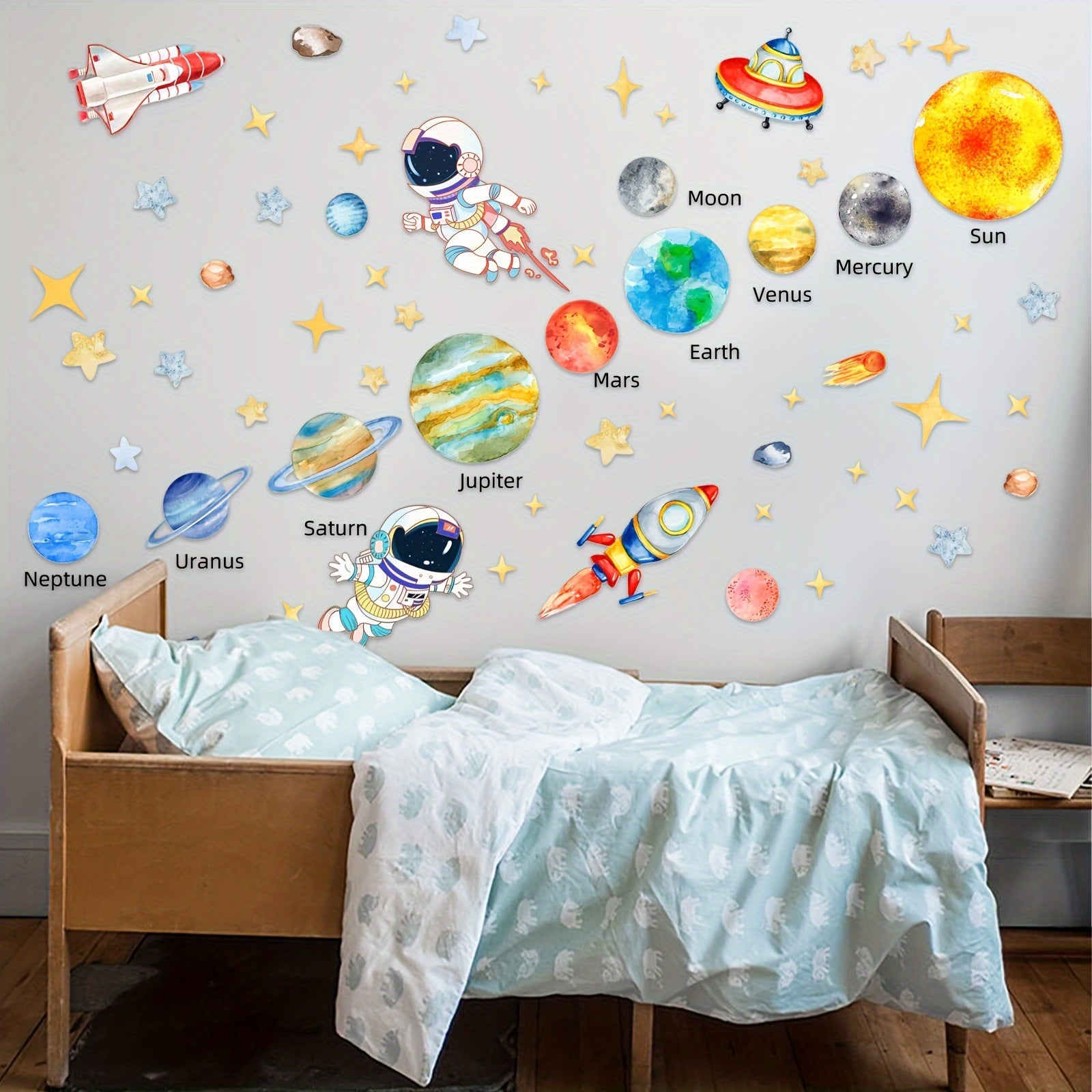 Space Themed Wall Decals Set with Astronauts Stars UFOs Planets and Spaceships 160x80cm