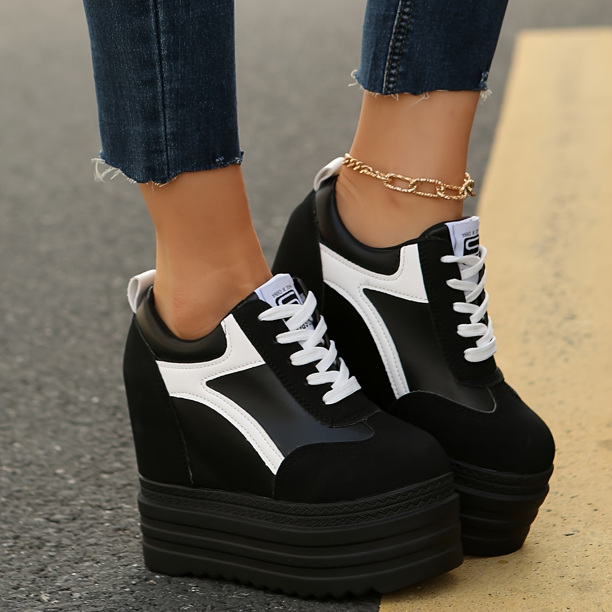 Women's Fashion Sneakers, Lace-Up, Color Block, Thick Platform, All Seasons