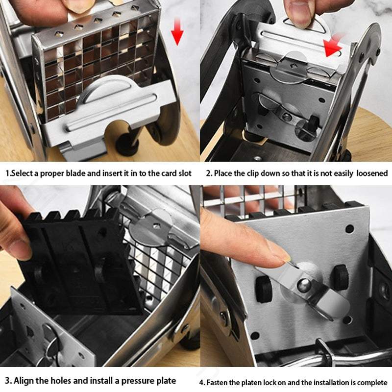 Qoʻlda kesish uchun ikki pichoq bilan stainless steel French fry cutter, kartoshka va boshqa meva va sabzavotlarni kesish uchun. Barqarorlik uchun yopishmaydigan asos. Uy va professional oshxonalarga mos.