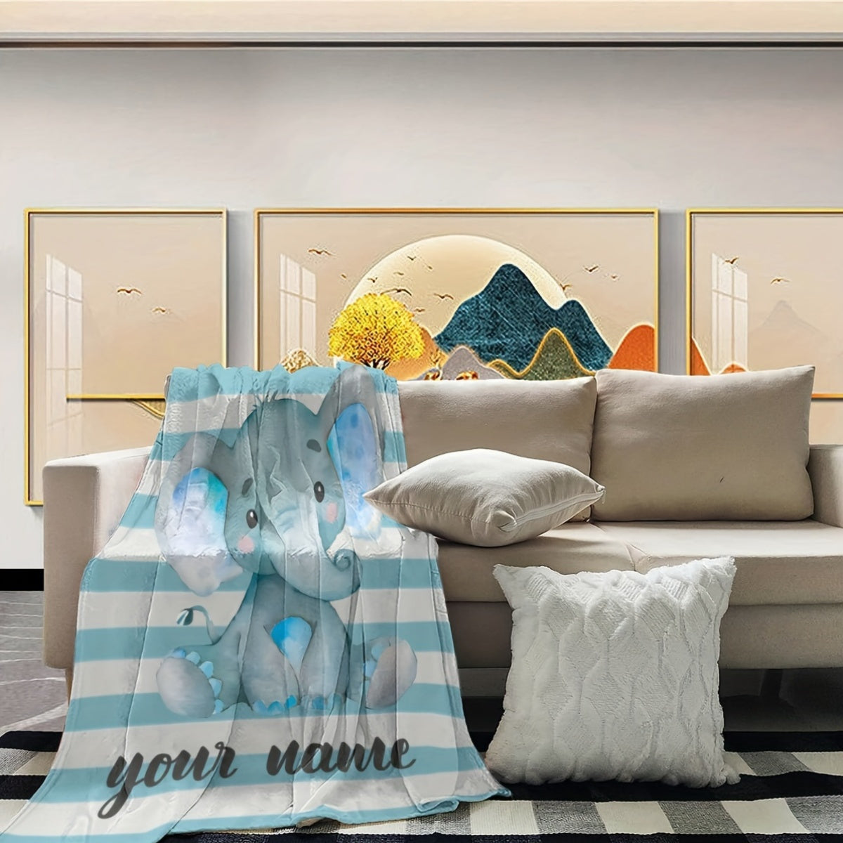 Fleece Throw Blanket with Custom Cartoon Elephant Design All-Season Cozy Polyester 200-250g