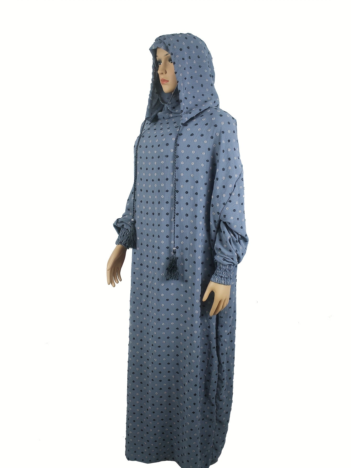 Plus Size Middle Eastern Abaya Turkish Kaftan Dress Blue White Polka Dot Muslim Wear