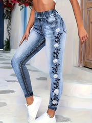 High Waist Faux Denim Print Leggings for Daily Wear Women Long Stretch Skinny Tights