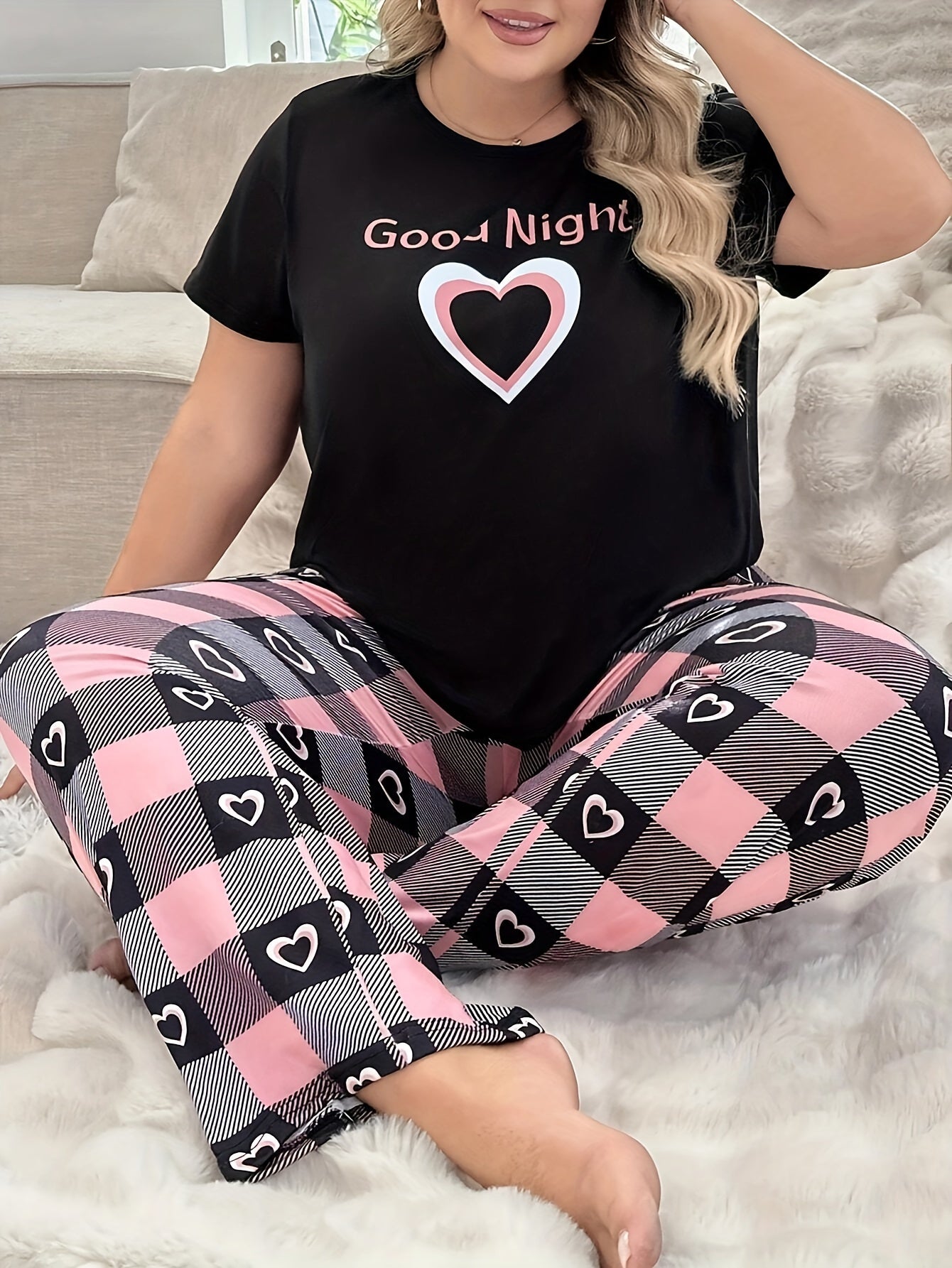 Women's Heart Pajama Set Short Sleeve Long Pants Cozy Polyester Blend