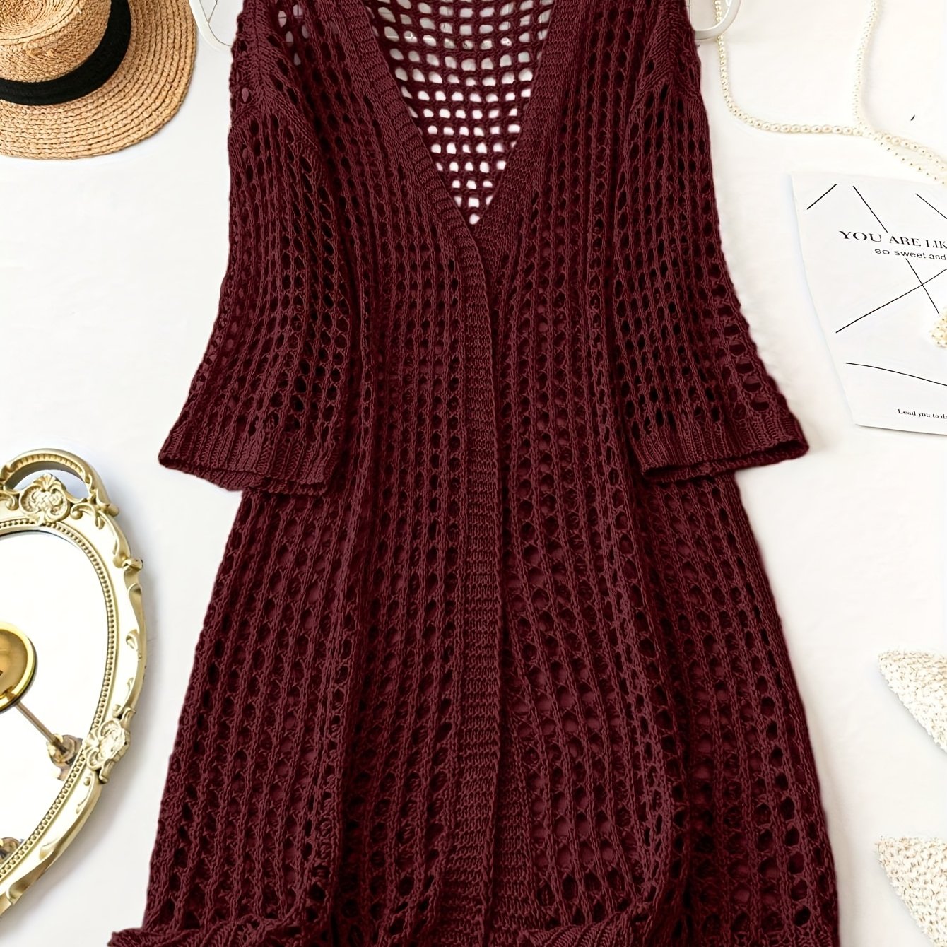 Women Plus Size V-Neck Cardigan Acrylic Hollow Knit Solid Spring Summer