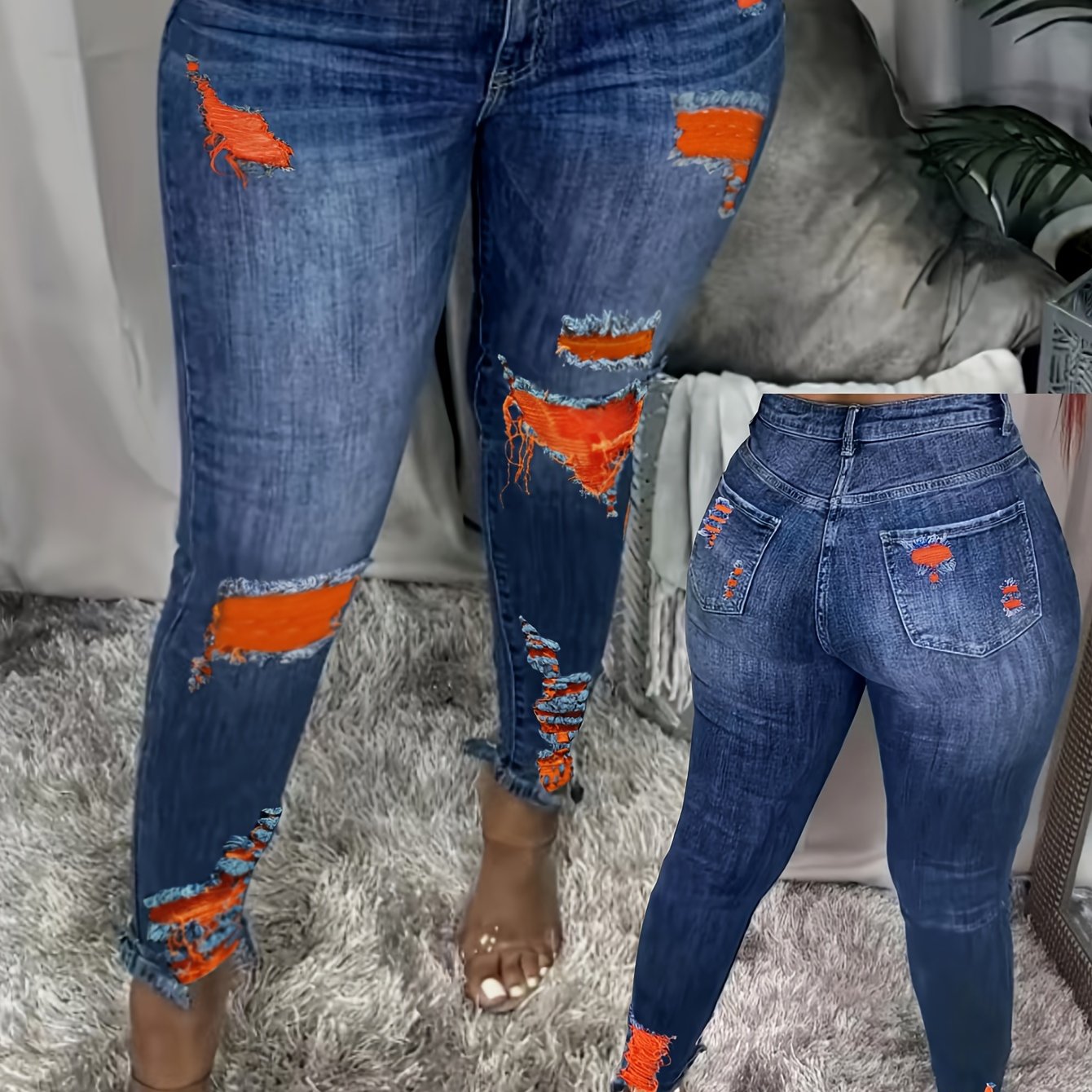 Women High Stretch Casual Jeans Large Size Colorful Ripped Holes