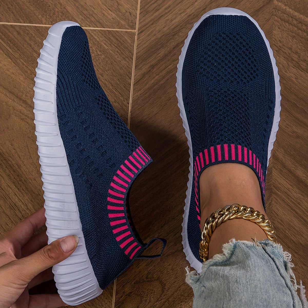 Women's Breathable Slip-On Knitted Sneakers, Casual Plus Size Walking Shoes