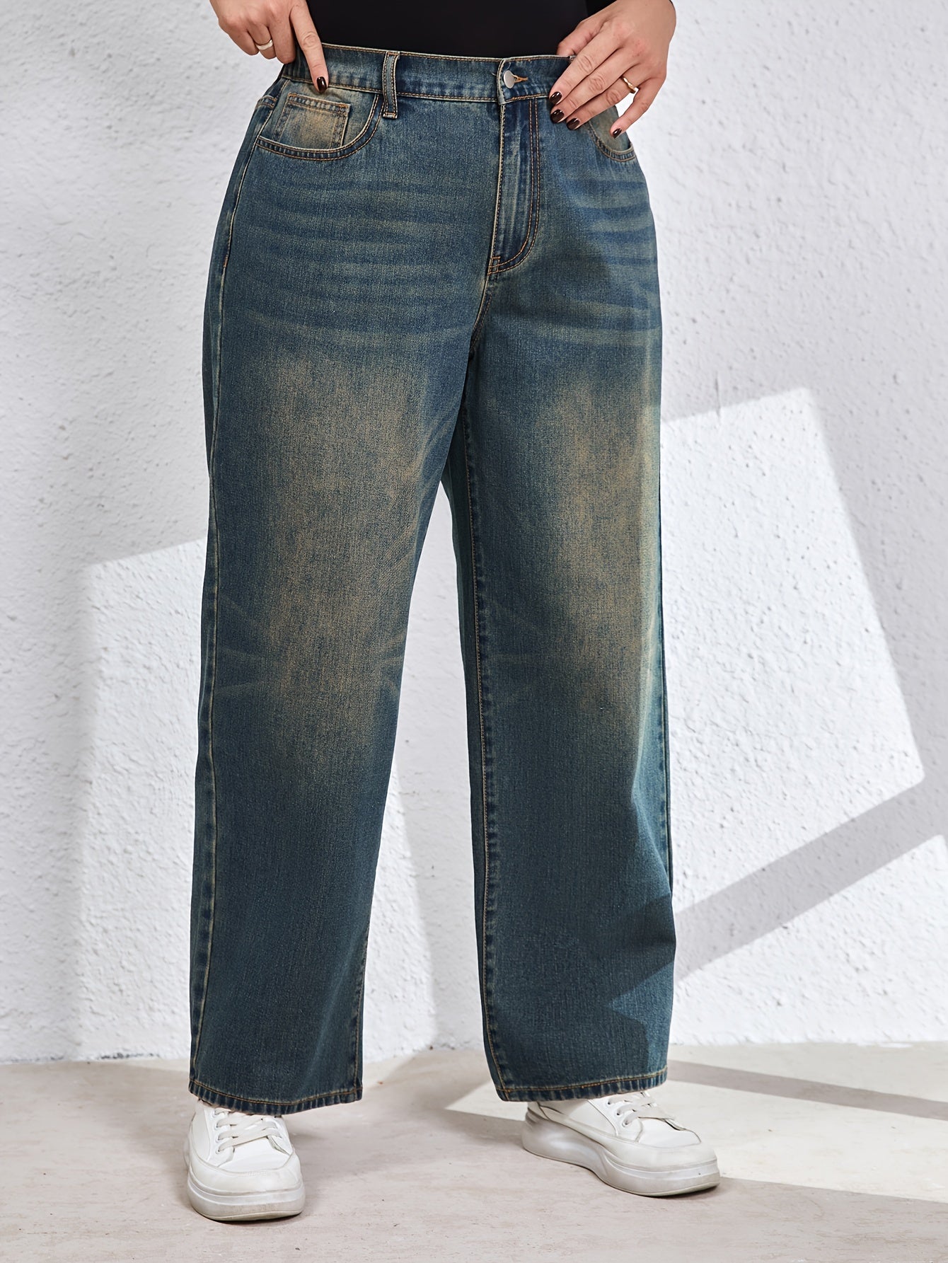 Plus Size Straight Leg Jeans for Women Casual Washed Denim Fall Winter Solid Color