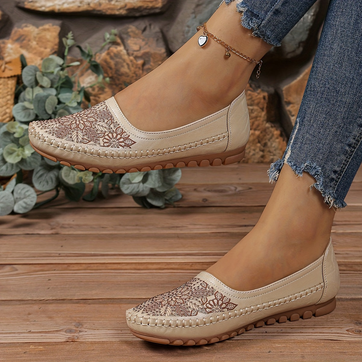 Women's Leather-Embroidered Slip-On Penny Loafers Flat Shoes