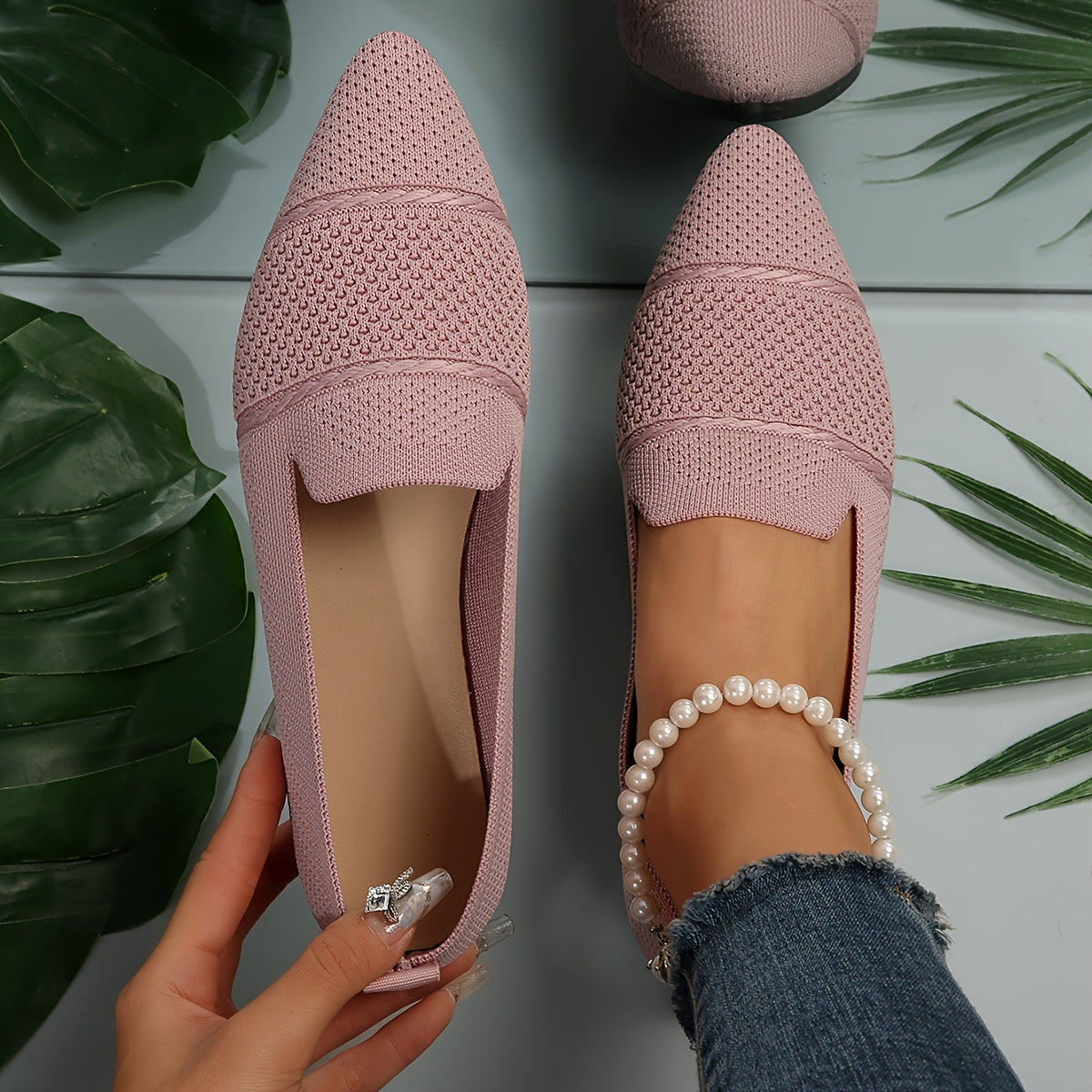 Women's Pink Leather Ballet Flats with Ankle Strap Slip-On Comfort