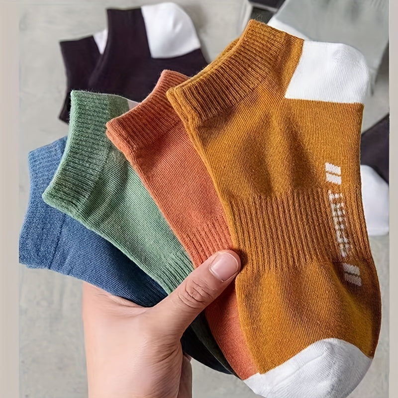 Men's Breathable Polyester Blend Ankle Socks Pack of 5 with Geometric Pattern for Spring and Summer