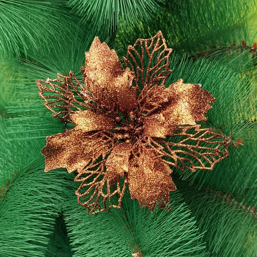 Artificial Christmas Flowers Set 10 Pieces 9cm Glitter Tree Ornaments for Holiday Decor