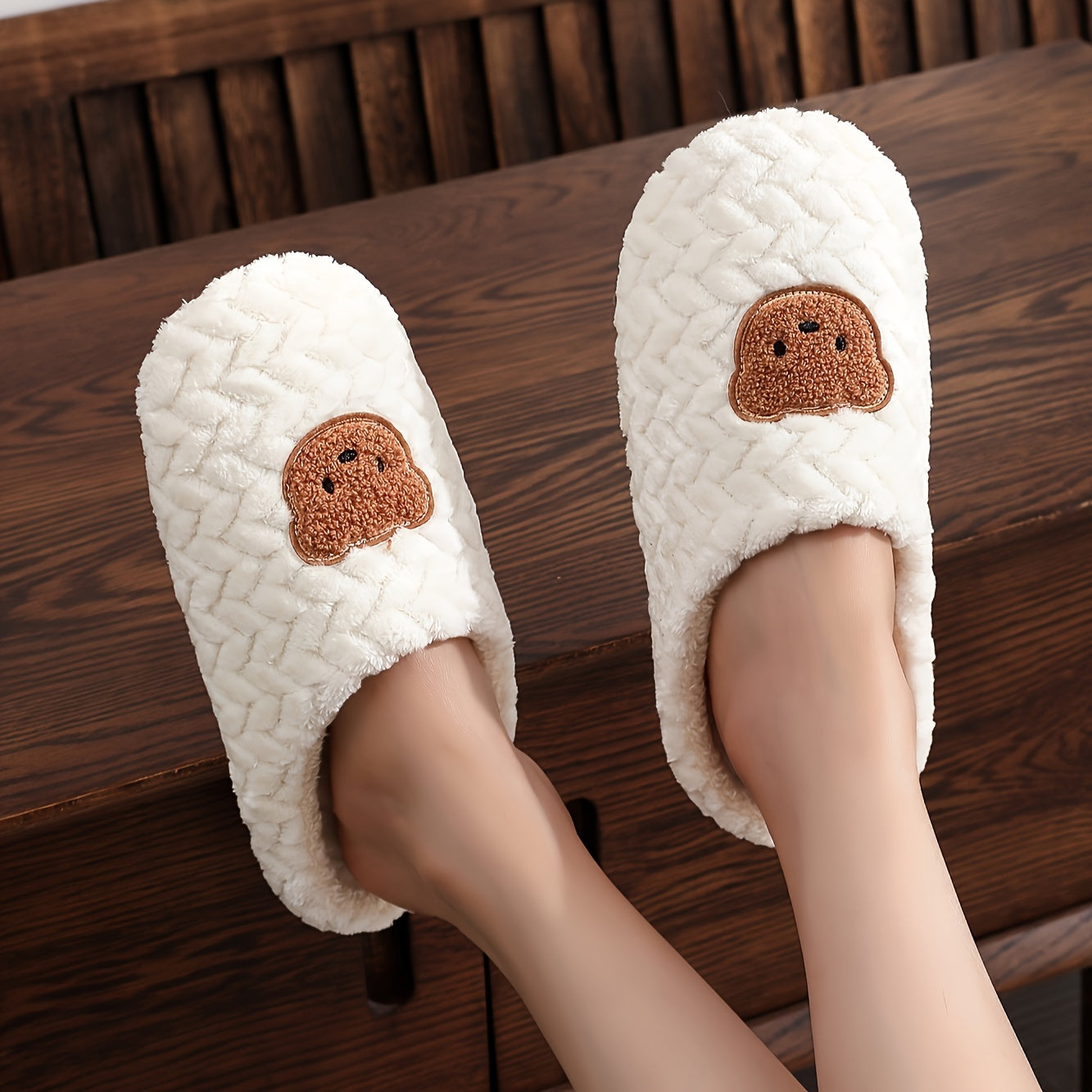 Men's Indoor Slippers with Bear Design Soft Fabric Warm Fuzzy Lining Lightweight Black White