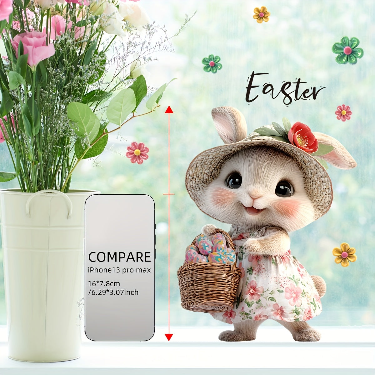 Paskha quyon va tuxumlar gullli deraza yopishtirishi 20x30cm qayta ishlatiladigan PVC yopishtiruvchi bezak