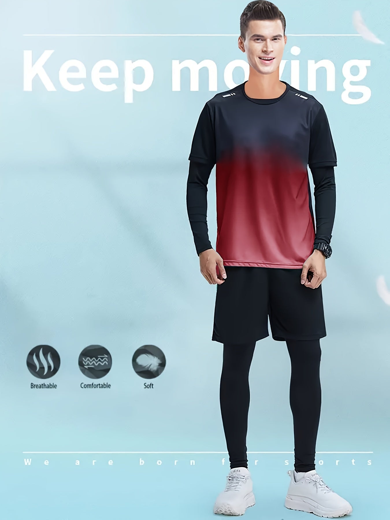 Men's Athletic Set Long Sleeve Tee Shorts Compression Pants Leggings Gradient Colors Breathable High-Elasticity Sports Training