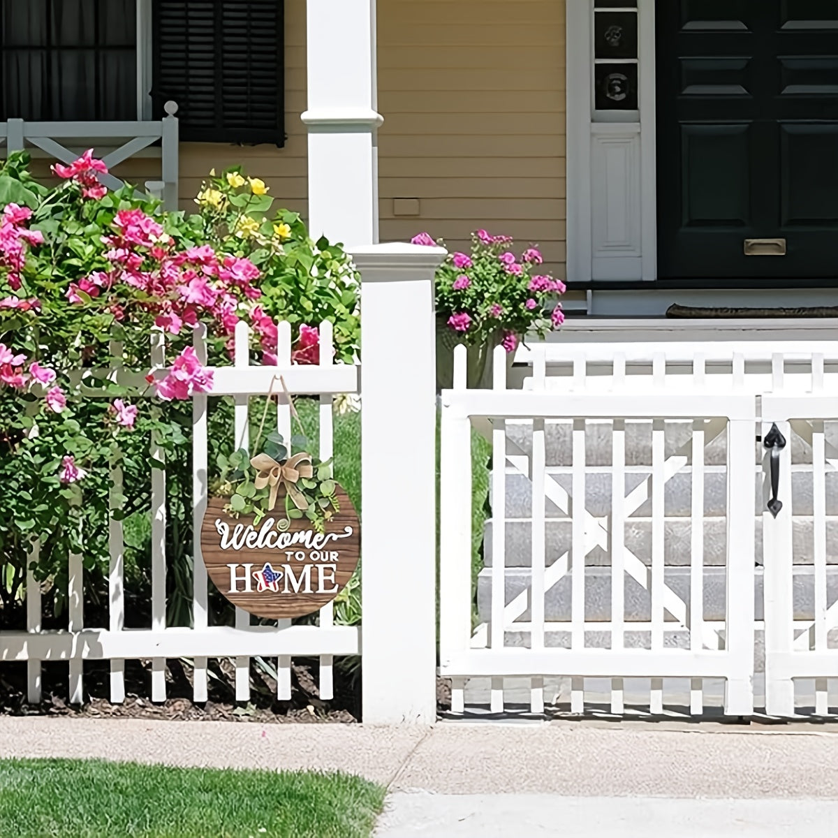 Round Wooden Door Hanger with Garland Rustic Welcome Sign Farmhouse Porch Decor All Seasons