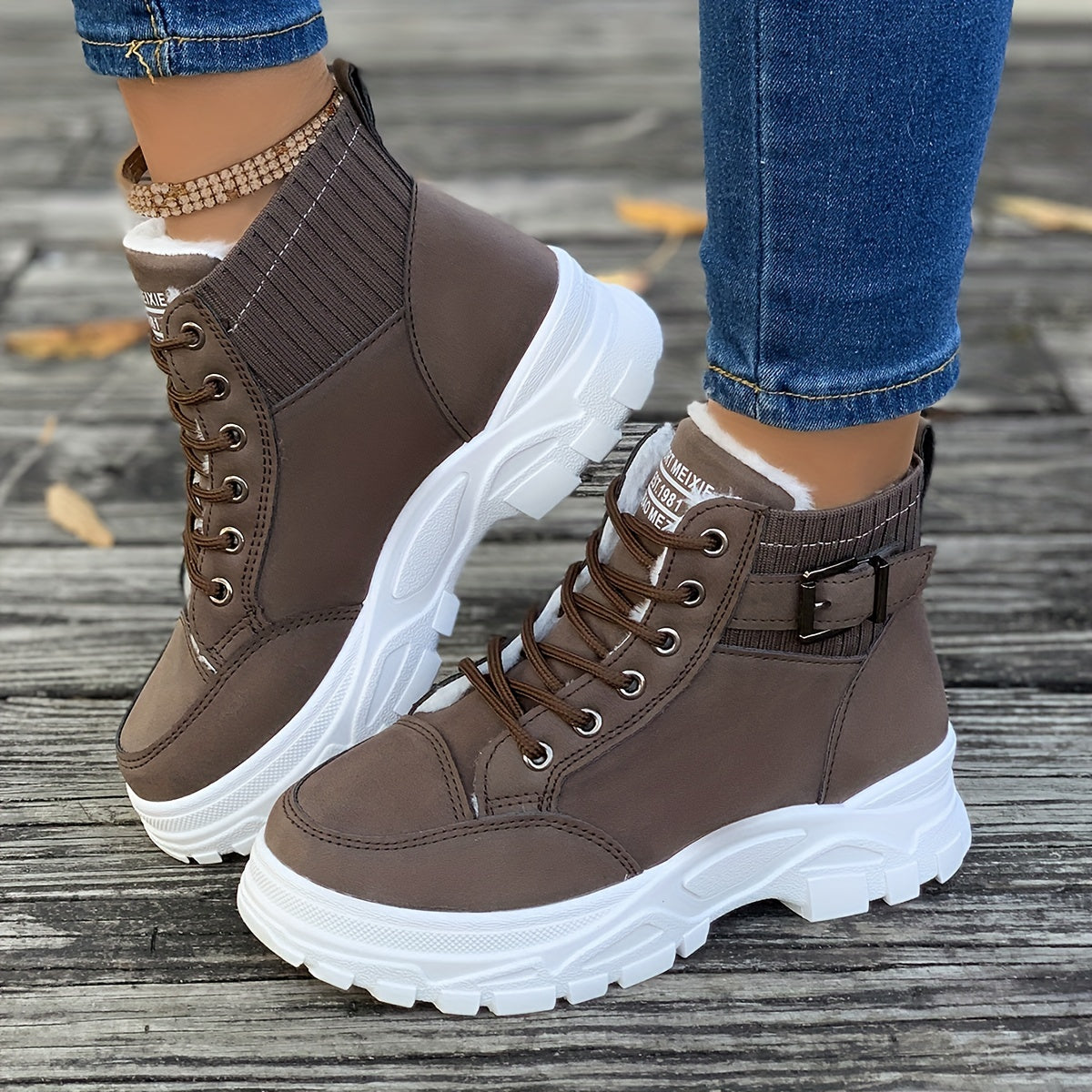 Women's Winter Ankle Boots Lace-Up Solid Color Flat Heel