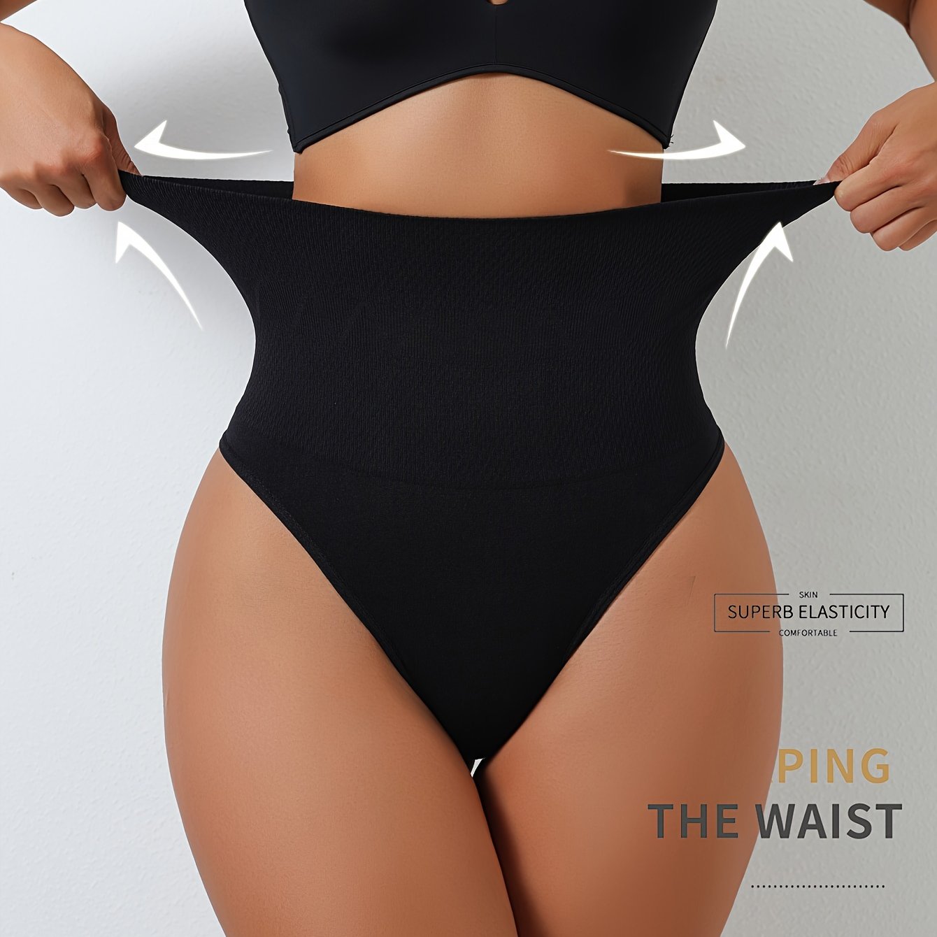 High-Waisted Geometric Knit Shapewear Thong for Women Tummy Tuck Butt Lift Black Skin Tone