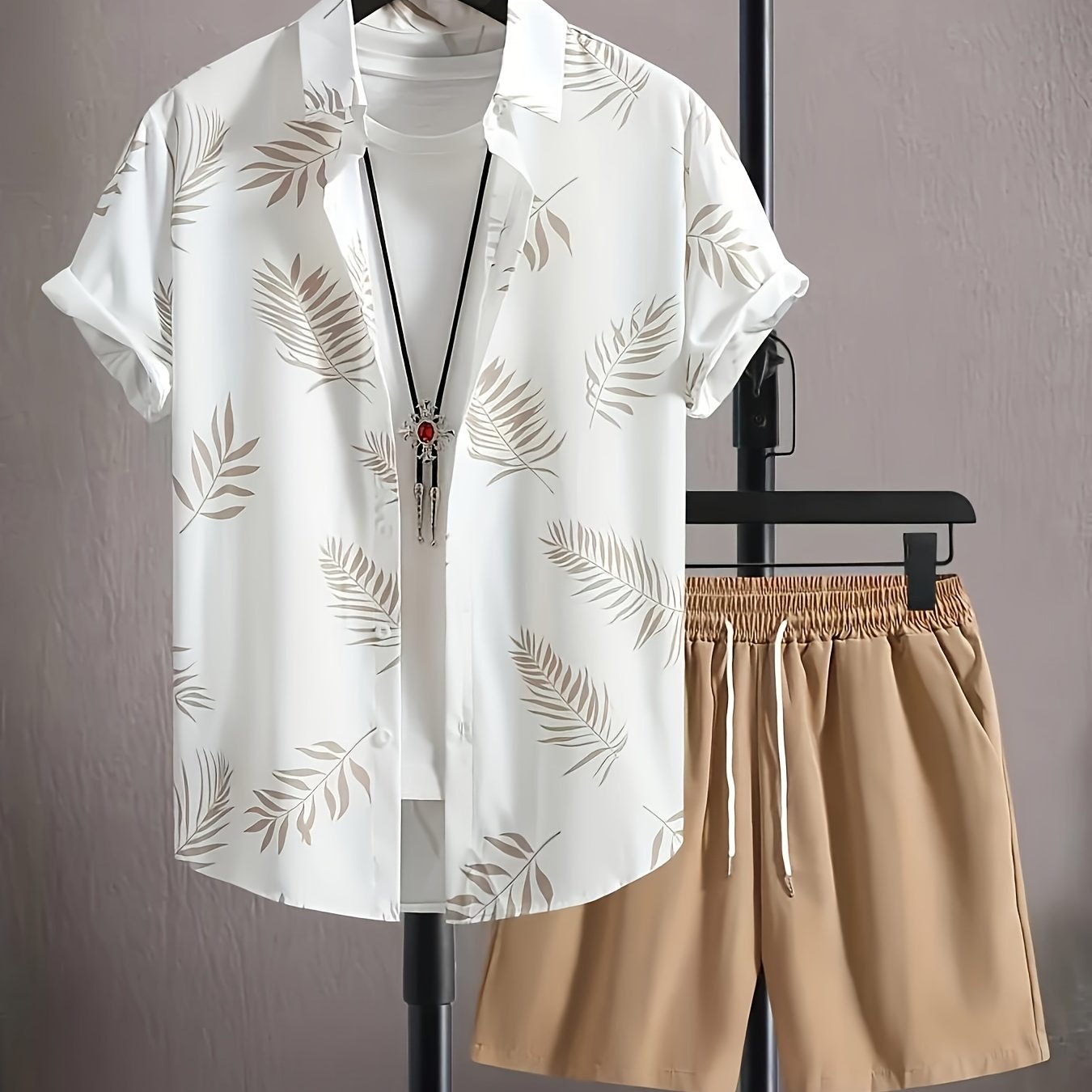 Men's Summer Leaf Print Button-Up Shirt and Drawstring Shorts Casual Outfit