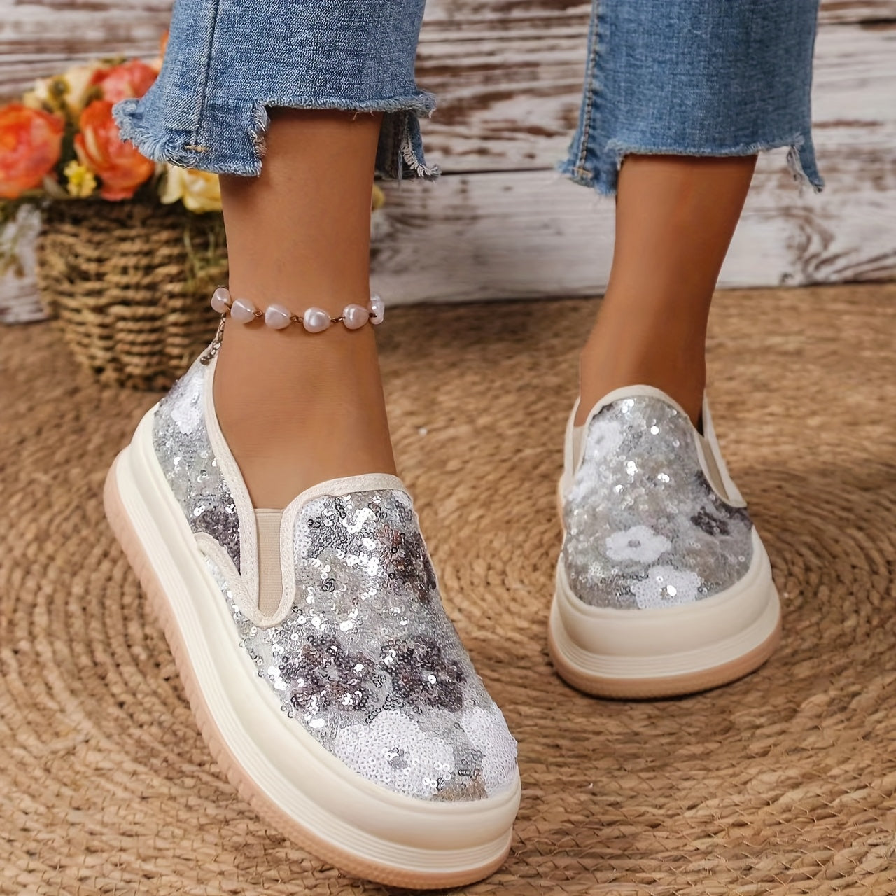 Color Collision Sports Sneakers for Women with Thick Soles Sequin Embellishments